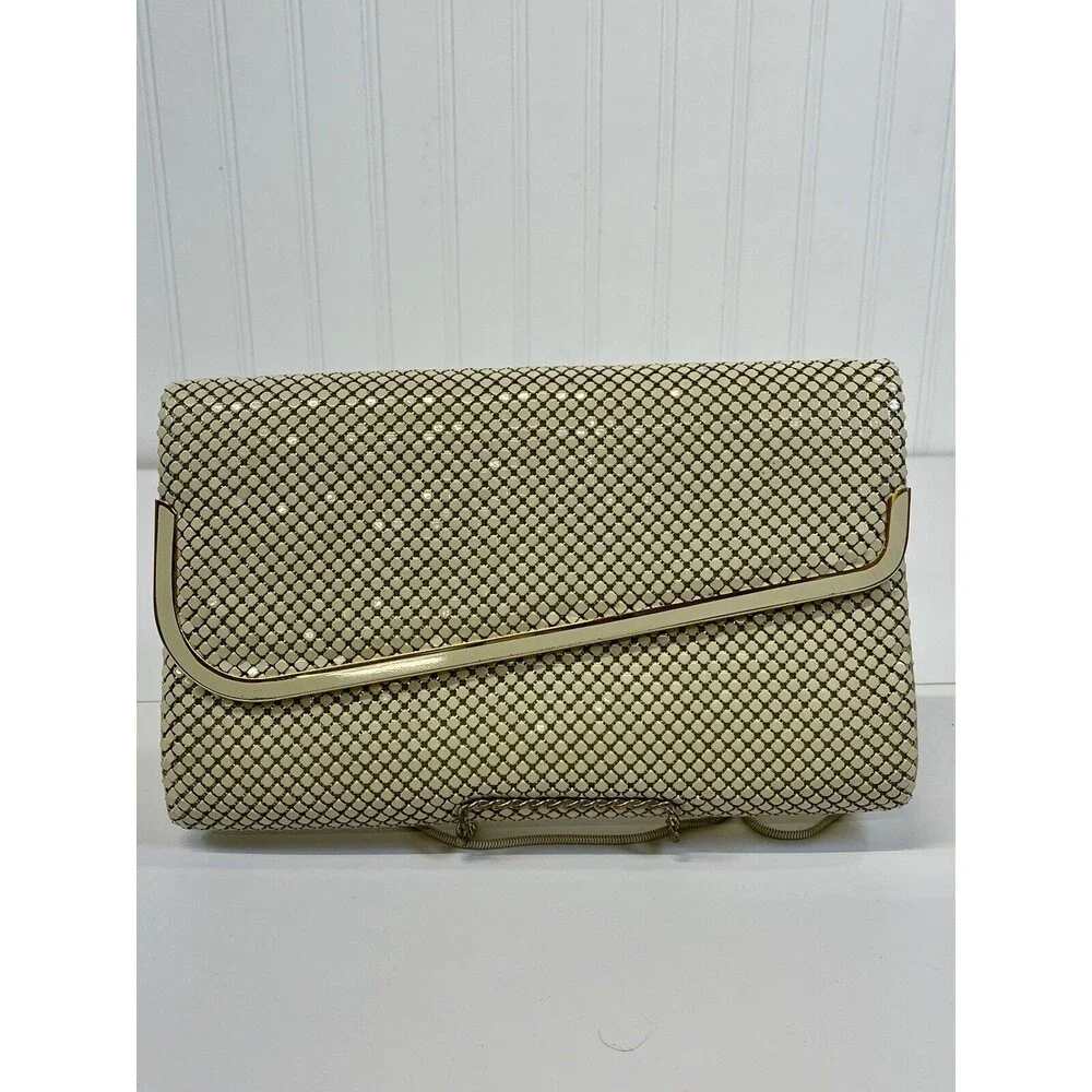 Vintage Art Deco Ivory/White GloMesh Clutch Purse Bag With Chain‎ Shoulder Strap